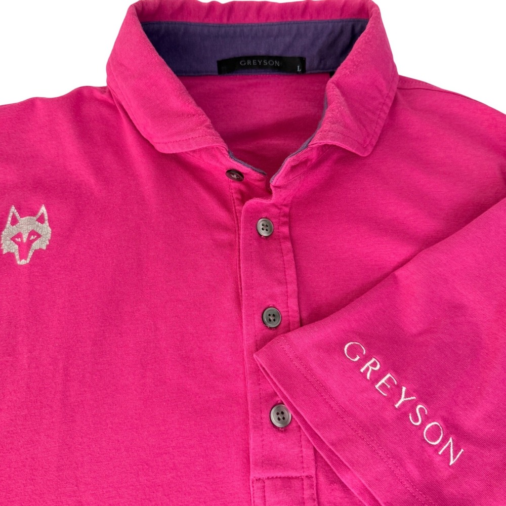 Greyson Golf Performance Polo Shirt Men's L Pink Wolf Logo Pocket Made In Peru
